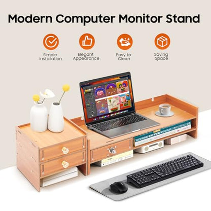 Wood Monitor Stand With Drawers,Desk Organizer With Lockable Drawer & Phone Holder, Computer Monitor Riser Stand With Storage Shelf,Multi-Purpose Desktop Storage Stand For Computer, Laptop, Printer