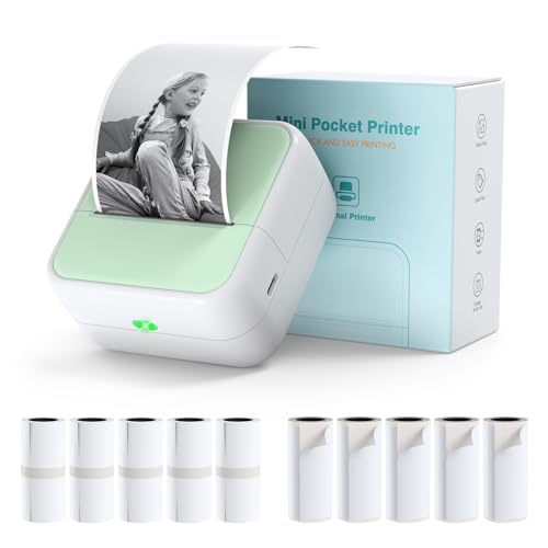 Bisofice Mini Printer with 11 Rolls of Printing Paper 57mm, Mini Pocket Sticker Printer, Portable Thermal BT Photo Printing for Study Notes, DIY, Diary, Pictures, Labels (Green)