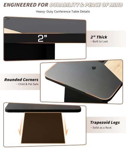 Ceridwen 8FT Conference Table, Rectangular Boardroom Table with Built-in Power & USB-C Ports, Heavy-Duty Meeting Table with Thick Tabletop & Trapezoid Legs for Office Conference Room - color: Natural Wood