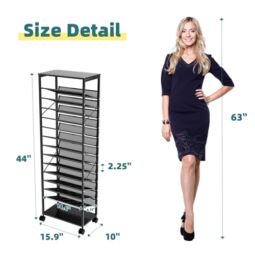 Ekisemio 15 Tier Rolling File Cart, Sturdy and Durable Desk File Organizer with Metal Mesh Letter Tray, Heavy-Duty Rolling Clutter Cart for Office, Home, School, Black