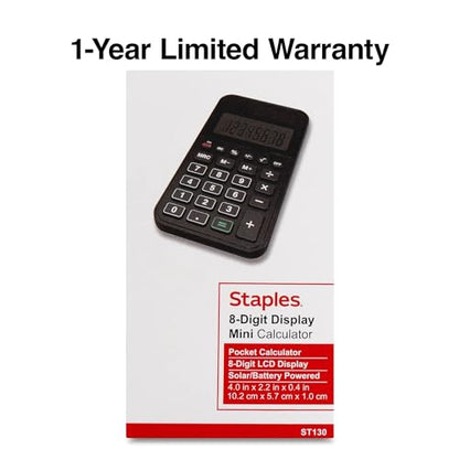 Staples 8-Digit Battery & Solar Pocket Calculator, Basic, Black - size: 1 Pack, style: 8-Digit