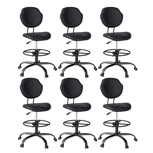 Drafting Chair with Back Support, Tall Desk Rolling Stool (Black, Set of 6) | Armless High Faux Leather Office Chair with Footrest Ring, Height Adjustable, Suitable for Standing Desk, Workbench, Studios - size: 6PK