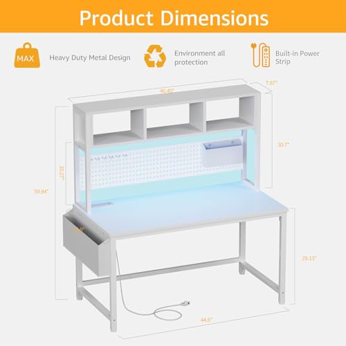 White Gaming Desk with Hutch and Pegboard - Computer Desk with Hutch, Power Outlet, 47 Inch Art Desk with Storage, Hooks, RGB and Side Bag, Writing Modern Study Teen Desks for Girl Bedroom Home Office - color: White