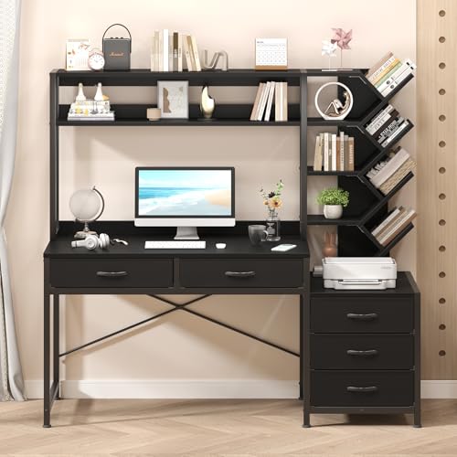 YOMILUVE 52" Computer Desk with Bookshelf, 5 Drawers ＆ Hutch for Bedroom | Black Office Desk with Printer Shelf, Study Writing Desk with Storage Shelves - color: Black