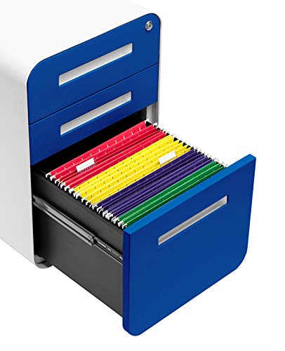 Laura Davidson Furniture Stockpile 3 Drawer File Cabinet with Lock - Under Office Desk Metal Filing Cabinet, Legal/Letter File Folders, Wheels and Stationary Feet, Pre-Assembled, Blue Faceplate - color: Blue Faceplate