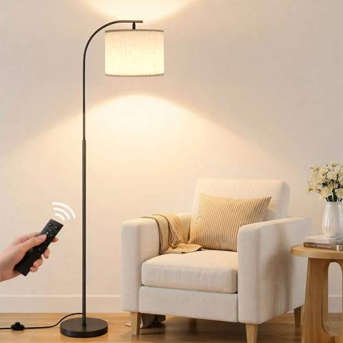 Floor Lamp with Linen Shade, Arc Dimmable Tall Standing Lamp with Remote Control, Modern Floor Reading Light for Living Room Bedroom Office Corner, 9W LED Bulb Included - color: Beige
