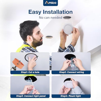 Amico 12 Pack 4 Inch LED Recessed Lighting, Canless Wafer Downlight, White | 5CCT 2700K-5000K, 5%-100% Dimmable, Ultra-thin, Metal housing, 800LM 11W 120V, IC & Damp Rated, ETL & FCC, 50000h Life Span - color: White, size: 4 Inch