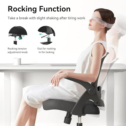Hbada Office Desk Chair with Flip-Up Armrests and Saddle Cushion, Ergonomic Office Chair with S-Shaped Backrest, Swivel, Mesh, Black - color: Black