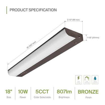 ASD LED Under Cabinet Lighting Hardwired, 18 Inch 10W 2700K-5000K Selectable, 807LM, CRI90+, Direct Wire Linkable Under Counter Lights for Kitchen, Dimmable Under Cabinet Lights, Bronze, UL Certified - color: 18 Inch Bronze, size: 1 Pack
