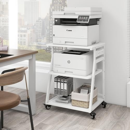 Natwind 3 Tier Large Printer Stand, 24"x20", with Charging Station,White | Rolling Printer Table with Adjustable Shelf for Home Office Organization, with Industrial Wheels,Safe Rounded Edge Design - color: White, size: 23.6''x19.7''