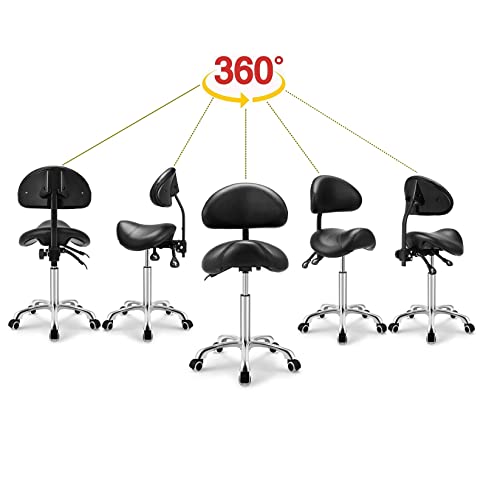 Kaleurrier Saddle Stool with Back Support,Rolling Saddle Chair for Salon - color: Black, style: With Back