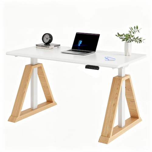 FLEXISPOT 55 x 28 Inch Oak Executive Standing Desk, White | Japandi-Inspired Sit-Stand Desk, Architectural V-Frame Design, Multi-Monitor Setups, Dual Motor & 220 LBS - color: White, size: 55"x28" Oak