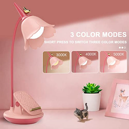 Pink Desk Lamp with Clamp, Rechargeable LED Small Lamp, Adjustable Gooseneck, Dimmable Cute for Kids Girls Bedroom Dorm Office