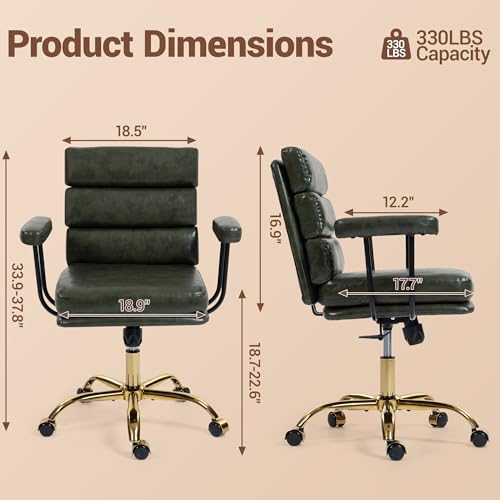 Leather Office Chair with Wheels,Ergonomic Swivel Rolling Task Chair,Padded Seat and Armrests,Adjustable Height Home Desk Chair,Executive Computer Chair, Gold Base Makeup Vanity Chair,Green - color: Green