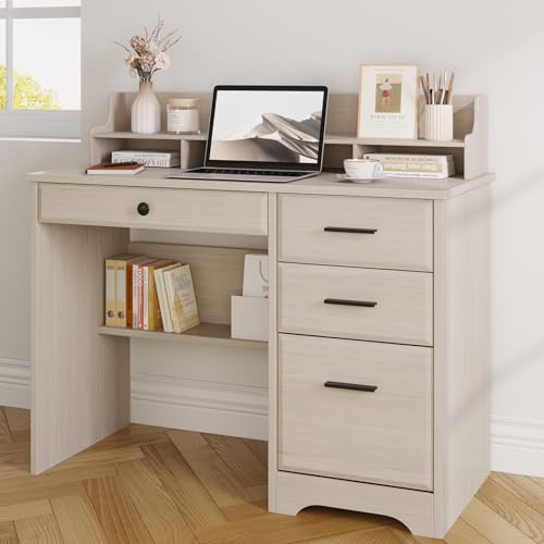 Small Desk with 4 Drawers, Computer Desk with File Drawer and Monitor Stand - color: Milky White