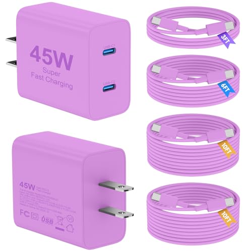 Super Fast Samsung Charger Type C, 2 Pack 45W Dual Port USB C Fast Charger - color: Purple, size: 2pack-(3+6+10+10)ft