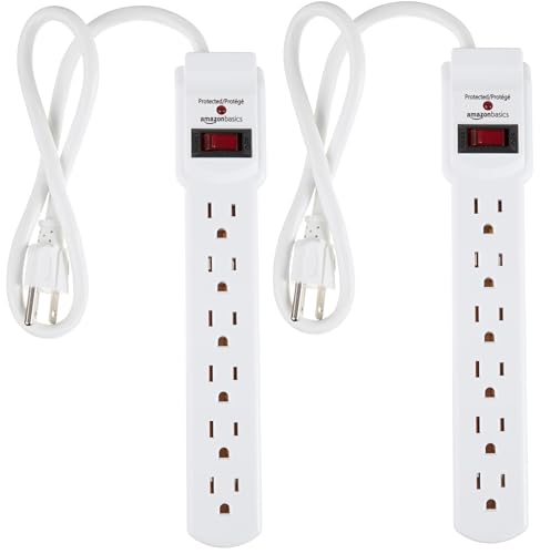 Amazon Basics Surge Protector Power Strip, 6-Outlet with 200J Protection, Circuit Breaker, LED Indicator, On/Off Switch, Wall-Mounting, 2ft Extension Cord, White, 2-Pack - color: White, size: 2 Pack, style: 200 Joule