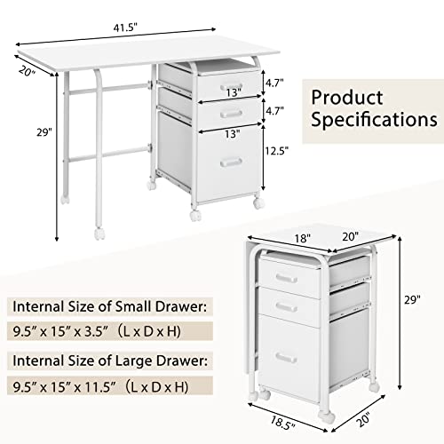 Tangkula White Folding Desk with 3 Drawers, Mobile Home Office Desk Study Writing Desk with Smooth Wheels, Space Saving Compact Table for Dorm Apartment, Rolling Couch Desk Table - color: White