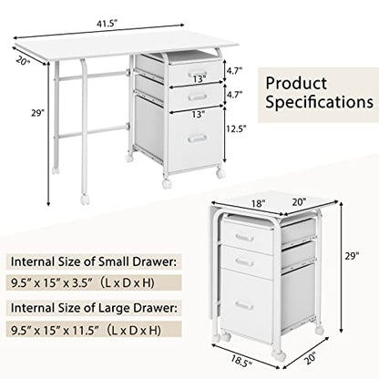 Tangkula White Folding Desk with 3 Drawers, Mobile Home Office Desk Study Writing Desk with Smooth Wheels, Space Saving Compact Table for Dorm Apartment, Rolling Couch Desk Table - color: White