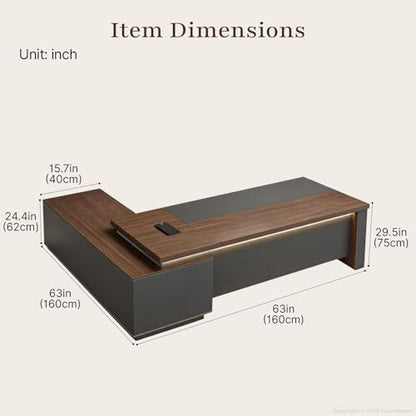 63" Reversible L-Shaped Executive Desk with Power Outlets and Drawers - color: Red Walnut+graphite Gray, size: 63 x 63 x 30 in