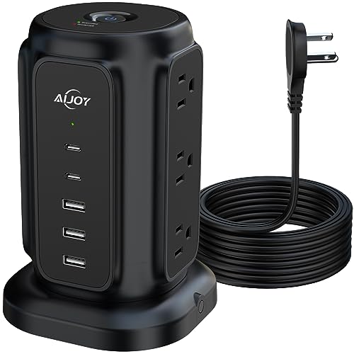 AiJoy Power Strip Tower with 9 AC Outlets and 5 USB Ports Charging Station - color: Black