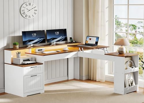 Farmhouse 63" L Shaped Standing Desk, Corner Computer Desk with Drawers, Office Desk with File Drawers with RGB Lighting & Charging Station, Monitor Stand and Storage Shelves, White and Walnut