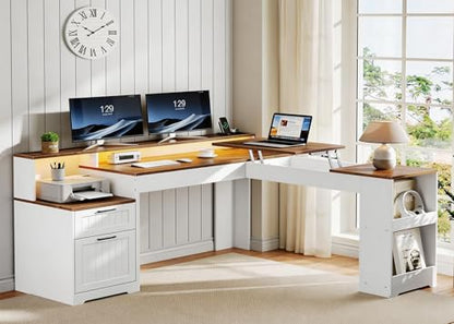 Farmhouse 63" L Shaped Standing Desk, Corner Computer Desk with Drawers, Office Desk with File Drawers with RGB Lighting & Charging Station, Monitor Stand and Storage Shelves, White and Walnut