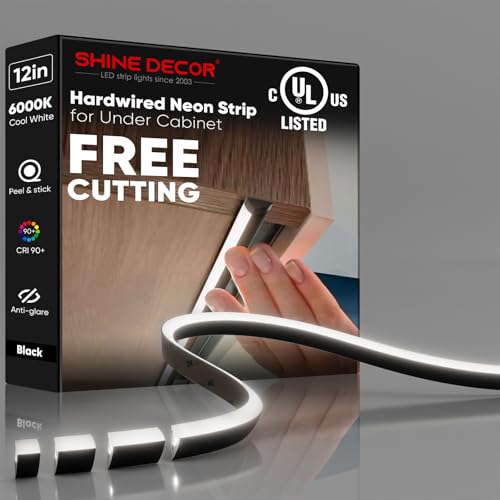 Under Cabinet Lighting Strip, Free Cuttable LED Silicone Neon Rope Hardwired 24V Anti-Glare Bright Cozy 228 Lumen for Indoor, Adhesive Black Shell 6000K Cool 12” UL Certified, No Adapter - color: Cool LEDs + Black Shell, size: 12 inch