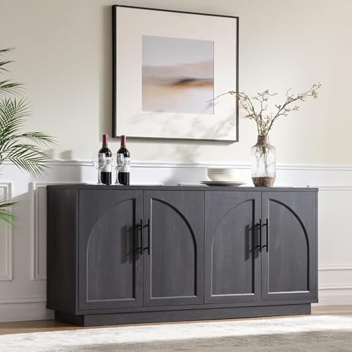 Fatmok Buffet Cabinet with Storage, 59'' Modern Arched Sideboard Cabinet w/Adjustable Shelves, Wood Media TV Console Table Credenza for Living Room Hallway Entryway, Black Grey - color: A-black Grey