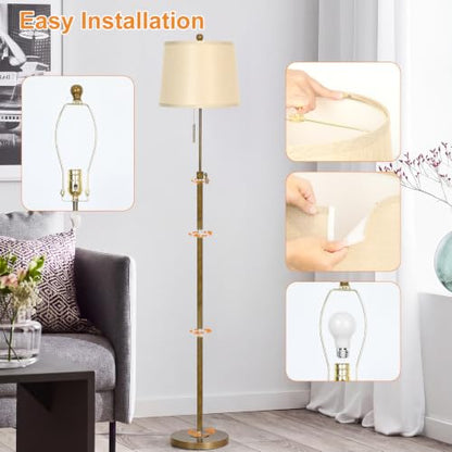 Antique Brass Floor Lamp Adjustable Height 55" to 65" Tall 3 Brightness Way - color: Antique Brass+Beige Shade