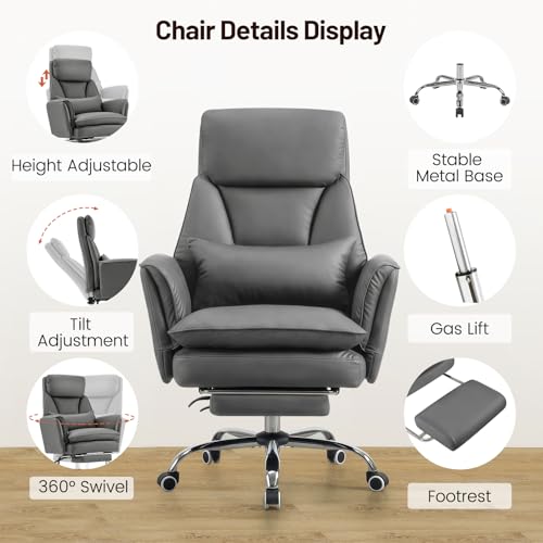 Big and Tall Office Chair, Executive Reclining Computer Gaming Chair with Foot Rest, Flip Armrest & Lumbar Pillow, Thicken Wider Seat for Criss Cross Legged Sitting, Desk Chair, PU, Grey - color: Grey
