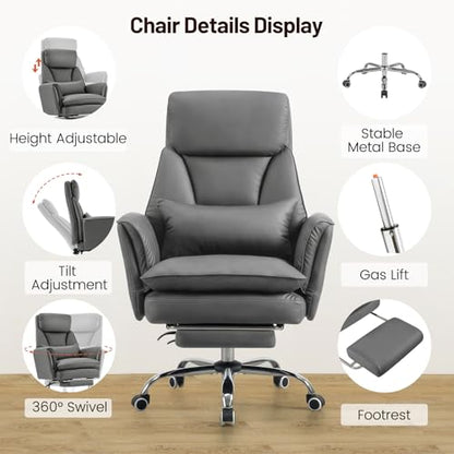 Big and Tall Office Chair, Executive Reclining Computer Gaming Chair with Foot Rest, Flip Armrest & Lumbar Pillow, Thicken Wider Seat for Criss Cross Legged Sitting, Desk Chair, PU, Grey - color: Grey