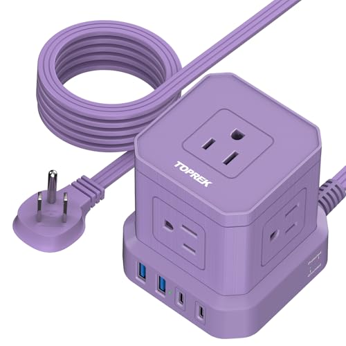 TOPREK Power Strip with USB, 10 FT Flat Extension Cord with 5 Outlets, 2 USB-C & 2 USB-A, Compact Desk Charging Station for Home Office, Dorm, Hotel, Travel, 700J Surge Protection - color: Purple