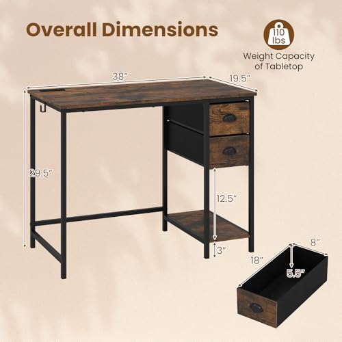 GIANTEX Computer Desk with Charging Station, 38" Home Office Desk w/ 2 Fabric Drawers, Storage Shelf & Headphone Hook, Industrial Study Work PC Table, Writing Desk for Small Spaces (Rustic Brown) - color: Rustic Brown