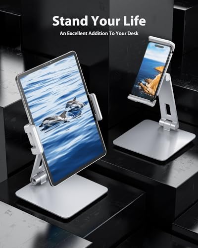 Maxonar Tablet Stand for Desk, 360° Adjustable Aluminum Alloy Swivel iPad Charging Tablet, iPad Pro Air Mini Tablet Holder for Bed Store POS Showcase Kitchen Office Drawing Desktop (6-13''), Silver - color: Silver