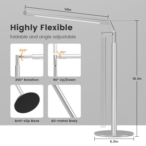Silver LED Desk Lamp, 16" Dimmable Metal Desk Light with Base, 15W 1200LM, Adapter Included, Color & Brightness Adjustable, Modern Tall Table Lamp for Home Office Reading Study Task Laptop - color: Silver
