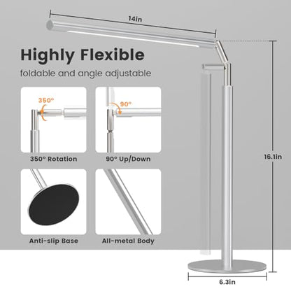 Silver LED Desk Lamp, 16" Dimmable Metal Desk Light with Base, 15W 1200LM, Adapter Included, Color & Brightness Adjustable, Modern Tall Table Lamp for Home Office Reading Study Task Laptop - color: Silver