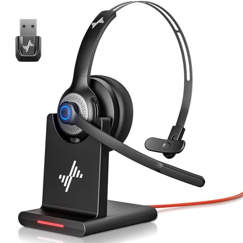 JIAMQISHI Bluetooth Headset - Wireless Headset with Noise Cancelling Microphone, V5.2 Computer Headphones with USB Dongle, Charging Base & Mic Mute for Work/Call Center/PC/Laptop/Online Class/Zoom - color: Black