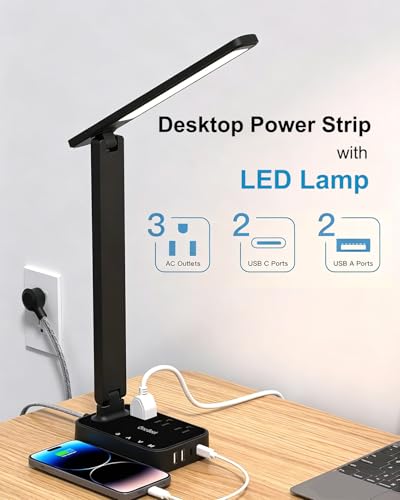 LED Desk Lamp Power Strip with 4 USB 3 Outlets, Dorm Room Essentials, Black - color: Black, size: 5 Ft