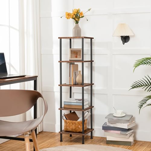 HOOBRO 5-Tier Corner Shelf Stand, Corner Square Rack Display Shelf, Tall Storage Plant Stand, Bookcase for Small Spaces, Living Room, Home Office, Kitchen, Rustic Brown and Black BF50CJ01 - color: Rustic Brown + Black, size: 11.8"L x 11.8"W x 45.3"H