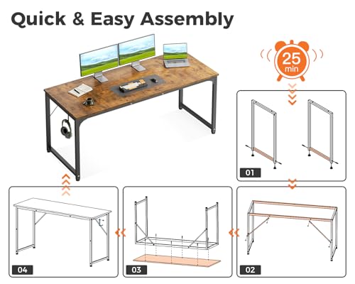 Casaottima 63 Inch Computer Desk for Home Office, Study Writing Table for Small Spaces, Simple Modern Desk with Headphone Hooks, Rustic Brown - size: 63 inch