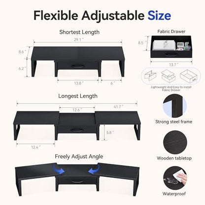 Dual Monitor Stand Riser, Desk Organizers and Accessories with Drawer, Computer Monitor Stands for Desk, Adjustable Desktop Shelf for PC Laptop Printer TV, Black