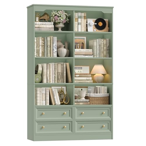 71" Tall Bookshelf with 4 Drawers Large Bookshelf Office Bookcase | 6-Tier Double Wide Bookshelves and Bookcases with Storage, Tall Bookshelf Standing Book Cabinet for Home Office, Green - color: Green