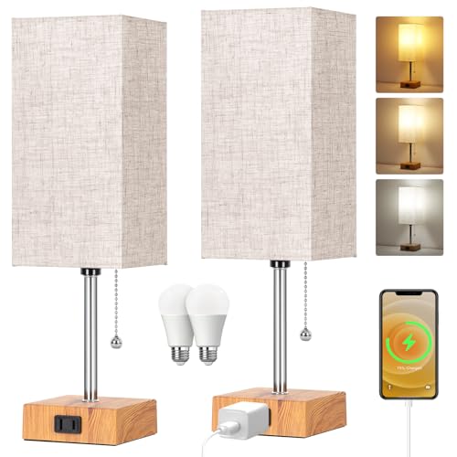 Table Lamp for Bedroom set of 2,3-Color Bedside Lamps with Pull Chain Wood - color: Wood+cream, size: 15inch