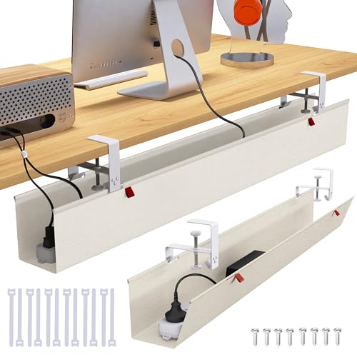 Extra Large 48" Under Desk Cable Management Tray for Standing Desk, No Drill Clamp On Wire Hider, Heavy Duty Anti-Sag Cord Organizer, Cable Tray for Studio & Dual Monitors (Beige, 48") - color: Beige, size: 48"×5.6"