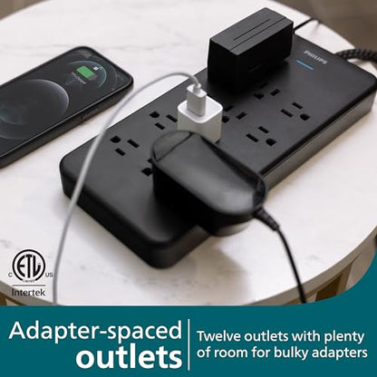 Philips 12-Outlet Surge Protector Power Strip, 6ft Braided Extension Cord, 3500 Joules, Multi Plug Outlet Extender, Adapter-Spaced, Black, SPP3813B/37 - style: 12 Outlet