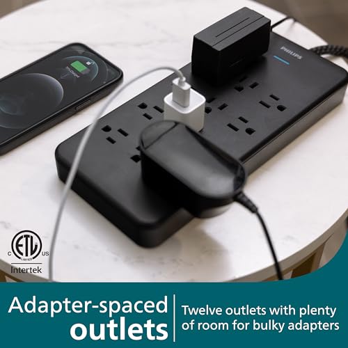 Philips 12-Outlet Surge Protector Power Strip, 6ft Braided Extension Cord, 3500 Joules, Multi Plug Outlet Extender, Adapter-Spaced, Black, SPP3813B/37 - style: 12 Outlet