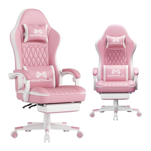 Gamtimer Gaming Chair with Footrest, Ergonomic Computer Chair, PU Breathable Material with Headrest and Lumbar Support, Suitable for Silla Gamer and Adults(Pink) - color: Pink