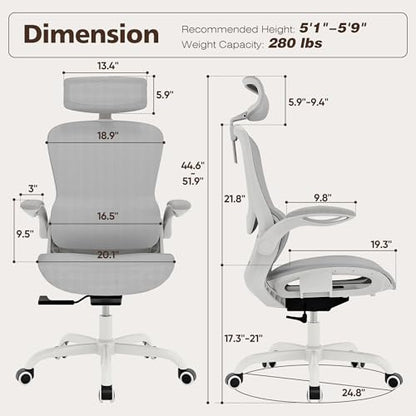 Ergonomic Mesh Office Chair- White Desk Chair, Flip-Up Armrest, Adjustable Headrest, Tilting with Soft Seat and PU Wheel, Elite Home Desk Chair for Work, Study, Gaming (GY1108) - color: White Mesh
