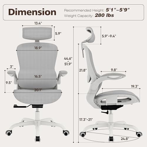 Ergonomic Mesh Office Chair- White Desk Chair, Flip-Up Armrest, Adjustable Headrest, Tilting with Soft Seat and PU Wheel, Elite Home Desk Chair for Work, Study, Gaming (GY1108) - color: White Mesh
